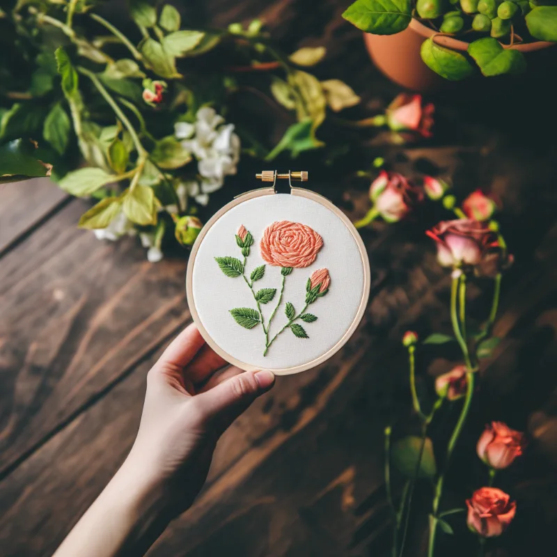 hand holding a pink rose embroidery piece with fresh roses scattered on the ground hand holding a pink rose embroidery piece with fresh roses scattered on the ground