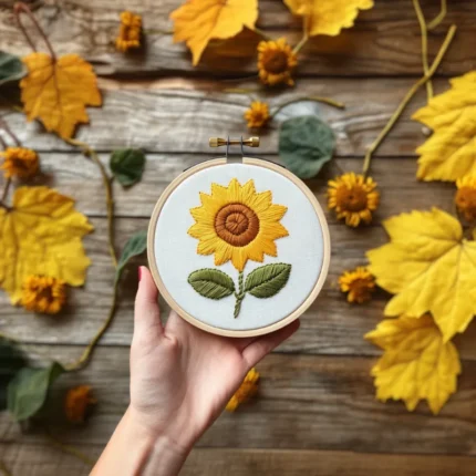 hand holding a sunflower embroidery piece with scattered sunflowers on the ground