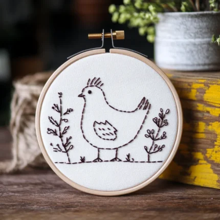 handmade chicken embroidery artwork placed on a table