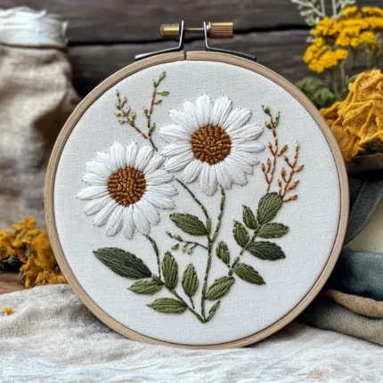 handmade daisy embroidery featuring two blooming daisy flowers