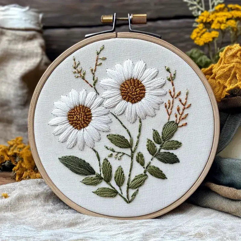 handmade daisy embroidery featuring two blooming daisy flowers handmade daisy embroidery featuring two blooming daisy flowers