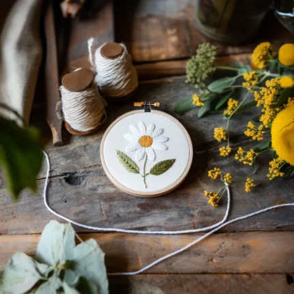 handmade daisy embroidery placed on the floor, decorated with fresh daisy flowers