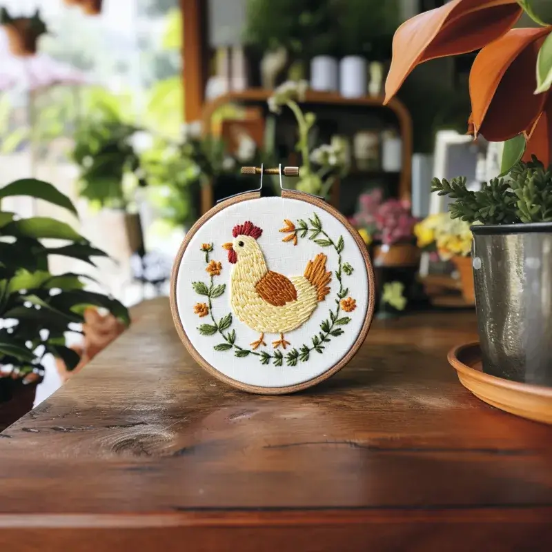 handmade embroidery displayed on a table inside a flower shop Cozy Hen in a Wreath Hand Embroidery Pattern PDF - Image 2