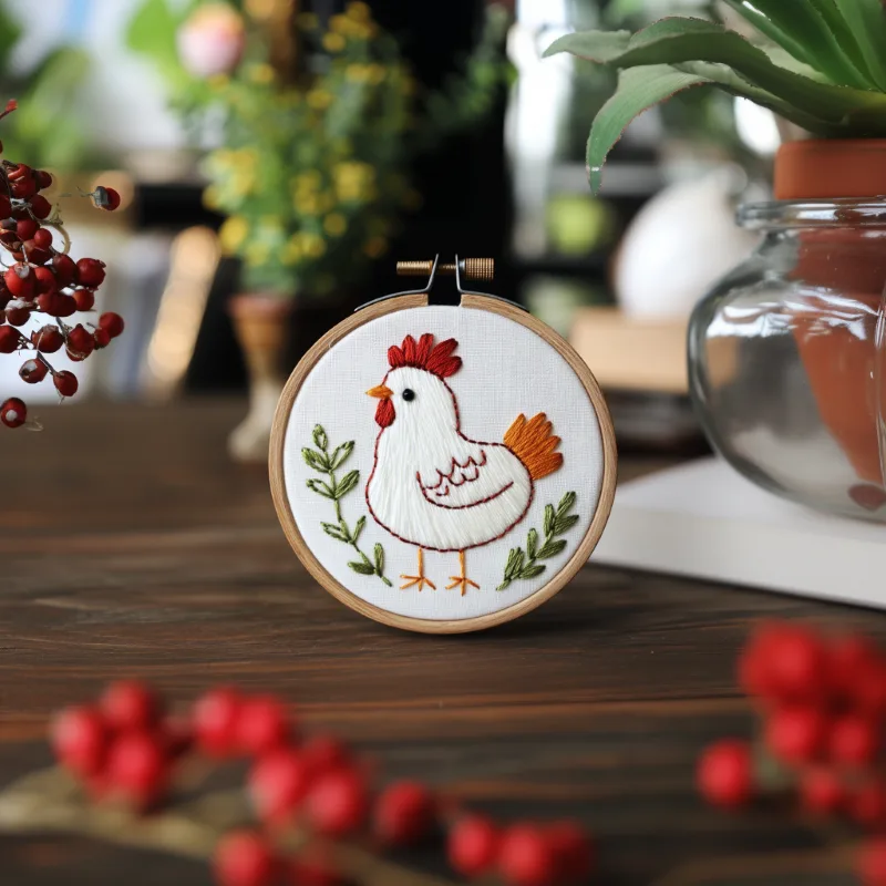 handmade embroidery of a chick placed on a wooden table with green plants in the background. DIY Farmyard Friend Chicken Embroidery Pattern - Image 2