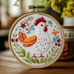 handmade embroidery of a chicken and flowers on a table in a bright room
