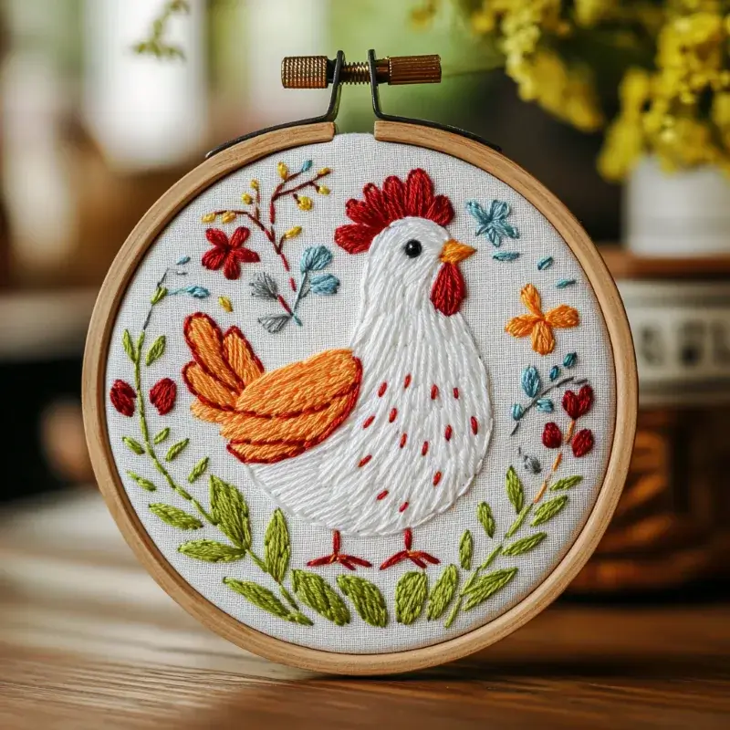 handmade embroidery of a chicken and flowers on a table in a bright room handmade embroidery of a chicken and flowers on a table in a bright room