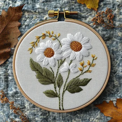 handmade embroidery of two daisy flowers placed on a table