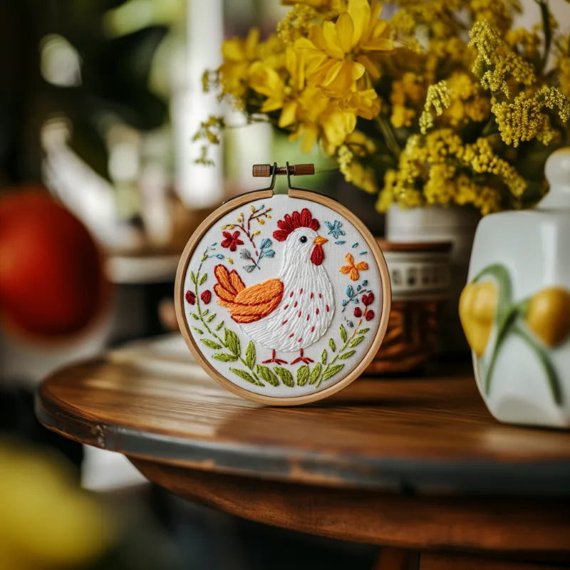 handmade embroidery on a round wooden table with blooming yellow flowers in the background Proud Rooster in Bloom Hand Embroidery Pattern - Image 2