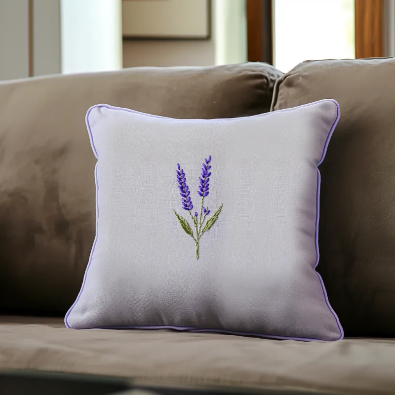 khaki sofa with a purple lavender embroidery cushion DIY Calming Lavender Flower Embroidery Pattern - Image 3