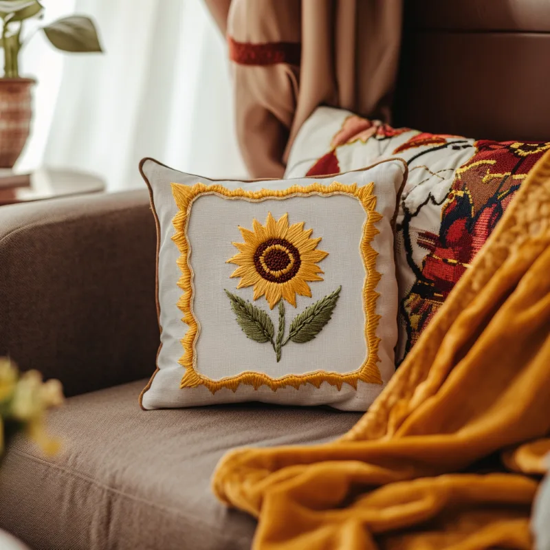 khaki sofa with a sunflower embroidered pillow and a soft throw blanket DIY Hopeful Sunflower Embroidery Instant Download - Image 4