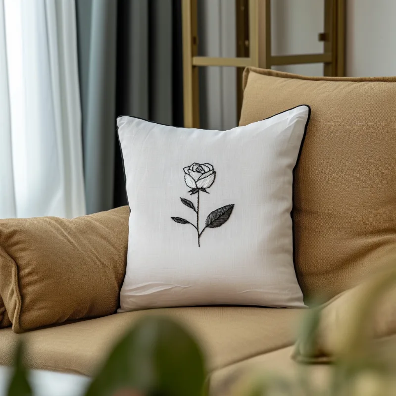 khaki sofa with a white cushion embroidered with a black and white rose design khaki sofa with a white cushion embroidered with a black and white rose design