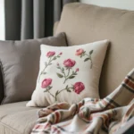 khaki sofa with two cushions and a cozy blanket
