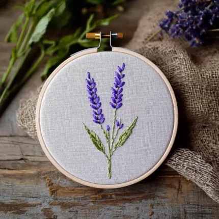 lavender hand embroidery artwork displayed on a table