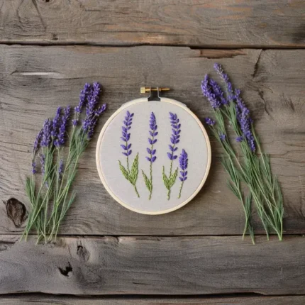 lavender hand embroidery piece displayed with fresh lavender flowers on both sides