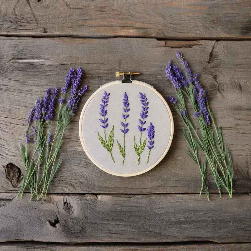 lavender hand embroidery piece displayed with fresh lavender flowers on both sides lavender hand embroidery piece displayed with fresh lavender flowers on both sides