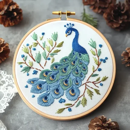 lifelike peacock hand embroidery artwork displayed on a table