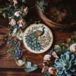 luxurious peacock embroidery artwork on a table with flowers as decoration