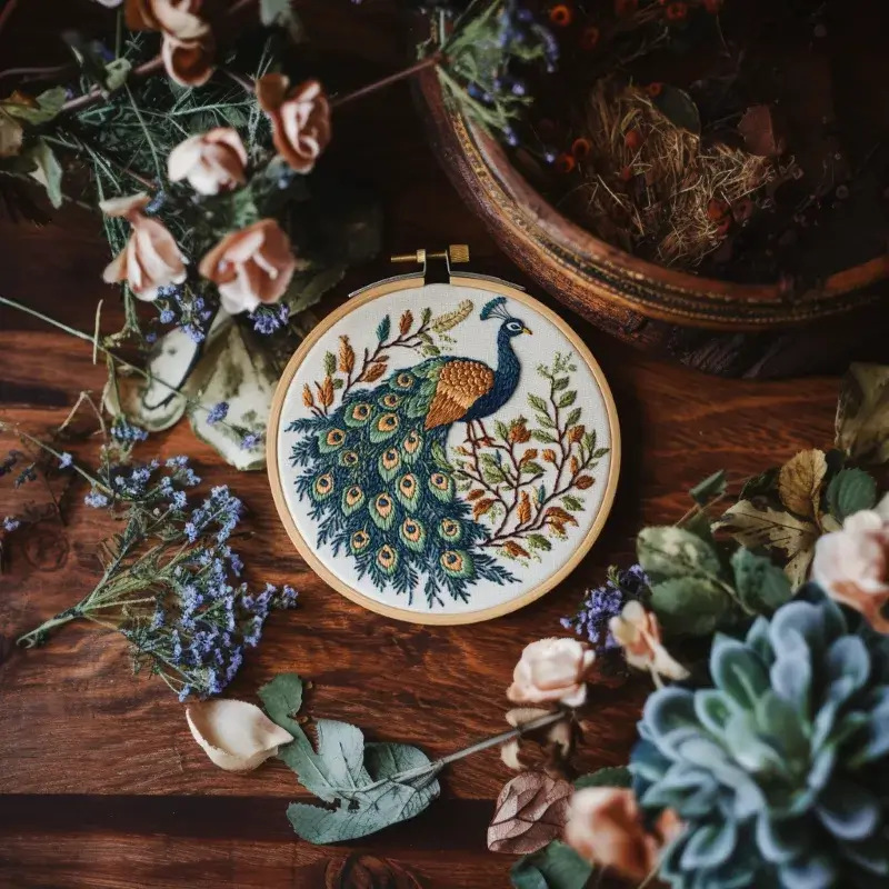 luxurious peacock embroidery artwork on a table with flowers as decoration luxurious peacock embroidery artwork on a table with flowers as decoration