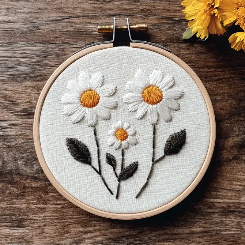 minimalist daisy embroidery featuring three daisies nestled together like a family minimalist daisy embroidery featuring three daisies nestled together like a family