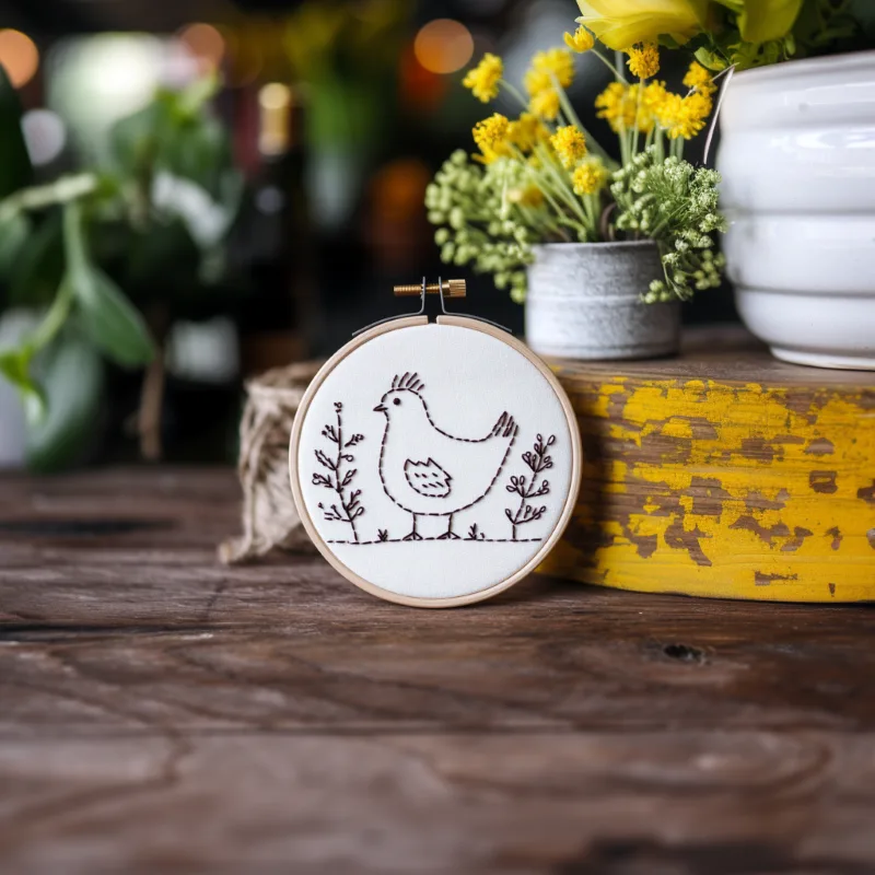 minimalist embroidery on a wooden table with two potted plants in the background minimalist embroidery on a wooden table with two potted plants in the background