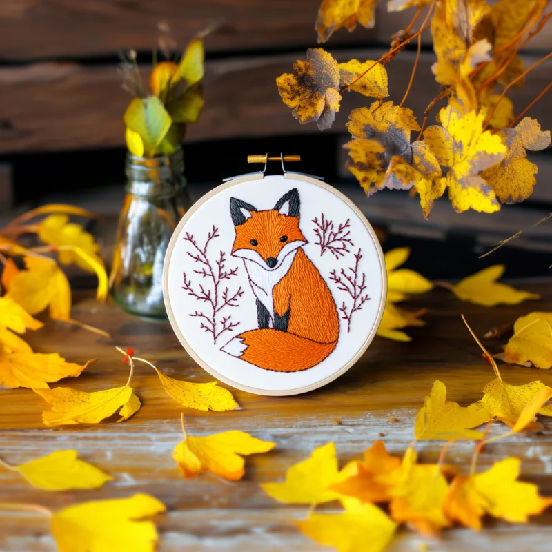 minimalist fox embroidery design on the floor with leaves as decoration Minimalist Woodland Fox Digital Embroidery Design - Image 2
