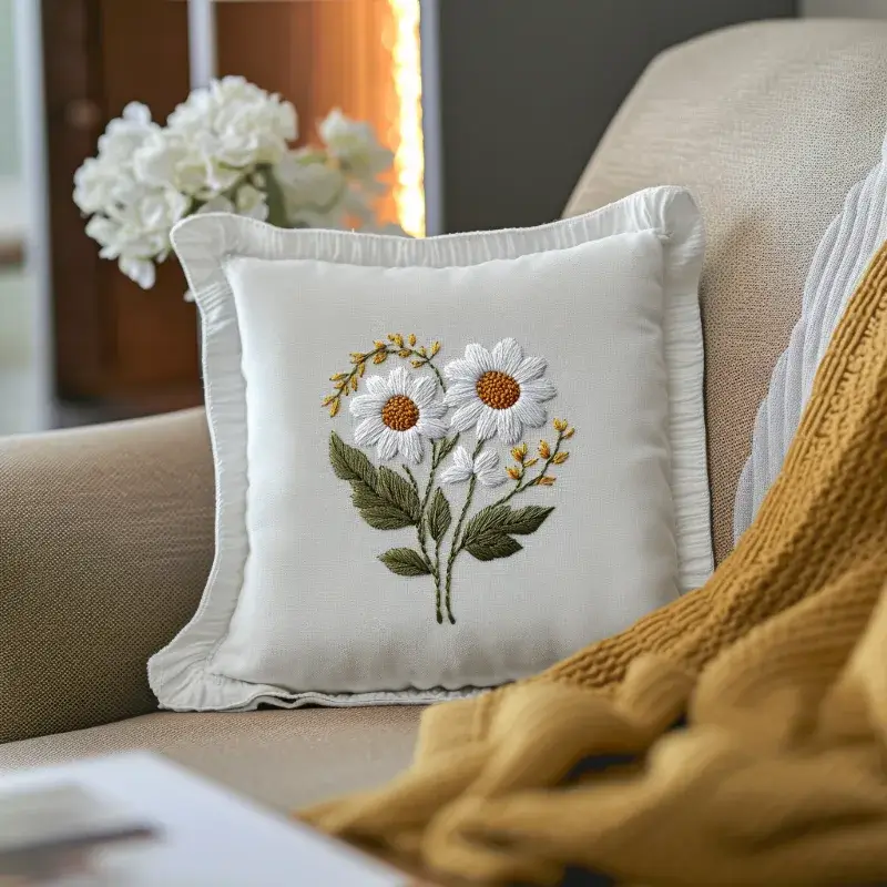 minimalist living room sofa with a daisy embroidery cushion and white flowers Daisy Duet DIY Digital Flower Embroidery Pattern - Image 3
