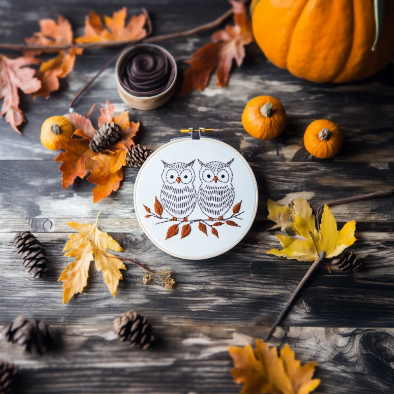 owl embroidery piece in the center, surrounded by leaves, pinecones, and a small pumpkin Two Owls on a Branch DIY Digital Embroidery Pattern - Image 2