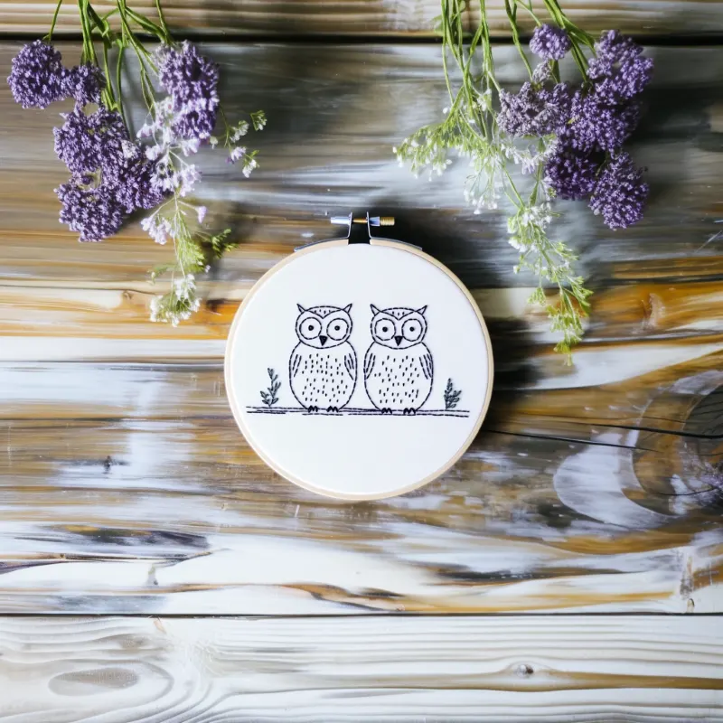 owl embroidery piece placed on the floor, decorated with white and purple wildflowers Best Friends Owl Digital Embroidery Design DIY - Image 2