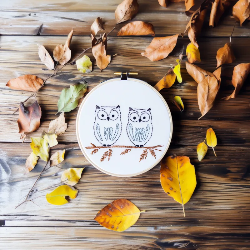 owl hand embroidery piece placed on a wooden floor with scattered leaves as decoration owl hand embroidery piece placed on a wooden floor with scattered leaves as decoration