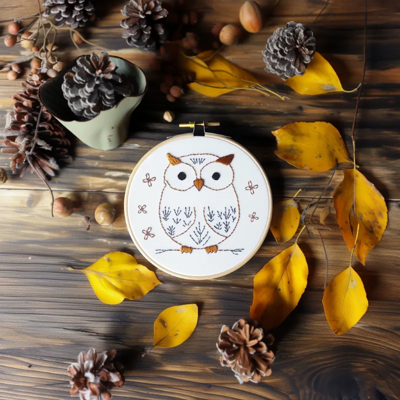 owl hand embroidery placed on the floor with fallen leaves as decoration owl hand embroidery placed on the floor with fallen leaves as decoration