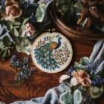 peacock hand embroidery design on a table decorated with fresh flowers