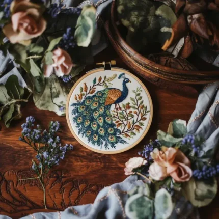 peacock hand embroidery design on a table decorated with fresh flowers