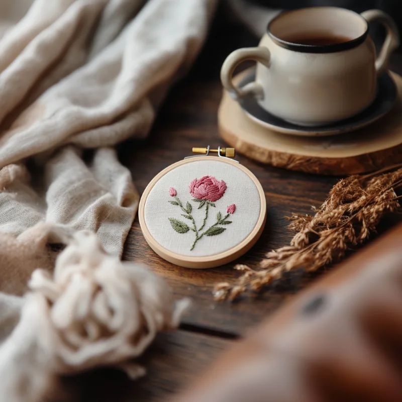pink rose embroidery placed on a table with coffee, wheat stalks, and fabric decoration Smoky Pink Rose PDF Hand Embroidery Pattern - Image 2