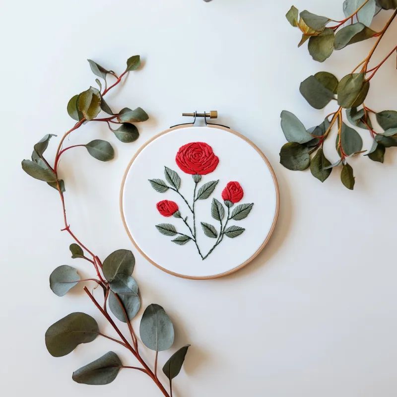 red rose embroidery in the center with green branches placed beside it Crimson Rose Trio PDF Embroidery Guide DIY Floral Art - Image 2