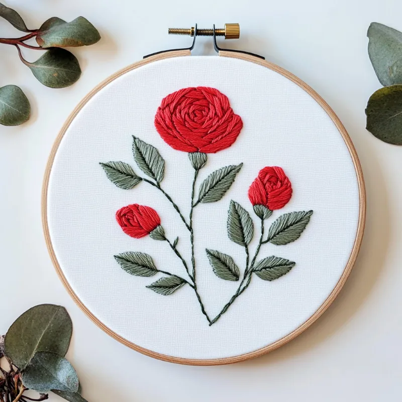 red rose hand embroidery displayed on a white background red rose hand embroidery displayed on a white background