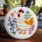 round embroidery hoop featuring various flowers and a large rooster, with a cactus in the background.