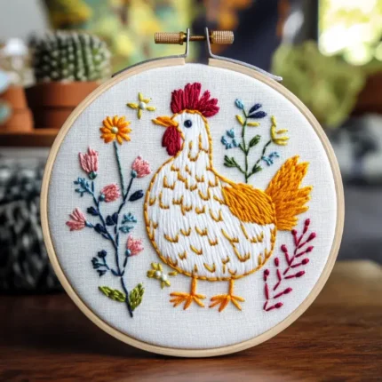 round embroidery hoop featuring various flowers and a large rooster, with a cactus in the background.