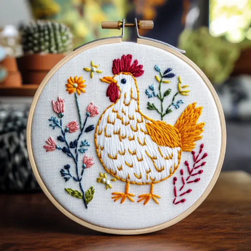 round embroidery hoop featuring various flowers and a large rooster, with a cactus in the background. round embroidery hoop featuring various flowers and a large rooster, with a cactus in the background.