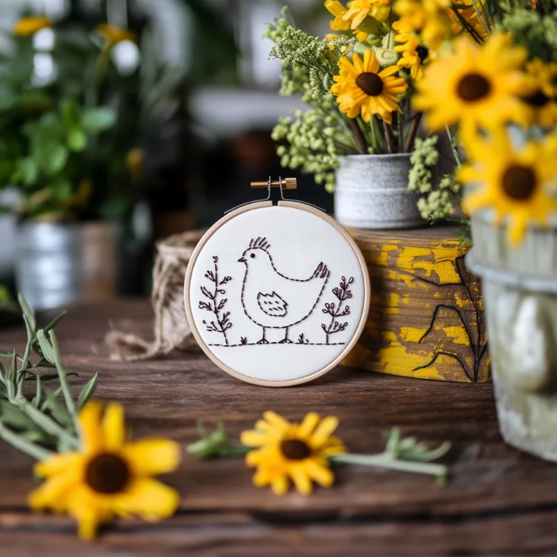 simple handmade embroidery placed beside blooming sunflowers Rebel Chick DIY Digital Embroidery Pattern for Beginners - Image 2