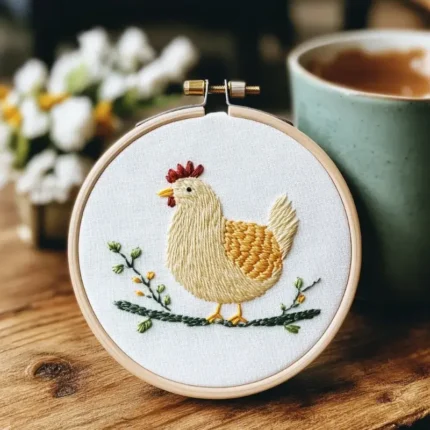 small handmade embroidery resting against a steaming cup of coffee on the table