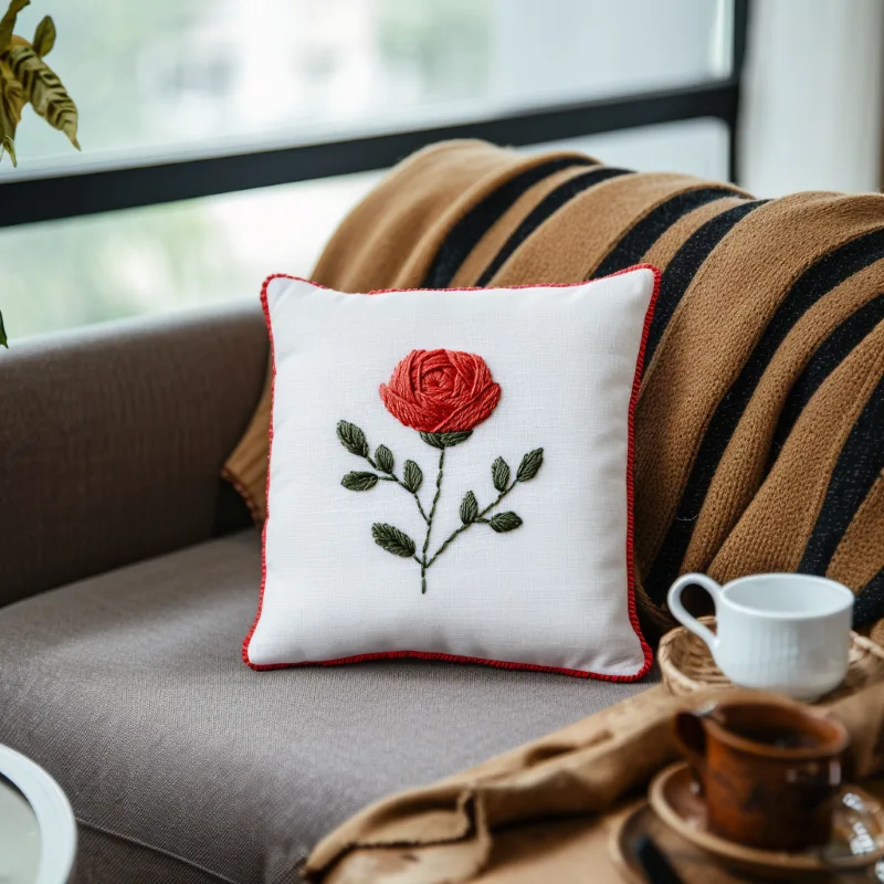 sofa by the glass window with a blanket and a rose embroidery pillow sofa by the glass window with a blanket and a rose embroidery pillow