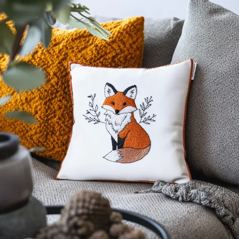 sofa with a fox embroidery cushion and an orange knitted pillow side by side sofa with a fox embroidery cushion and an orange knitted pillow side by side
