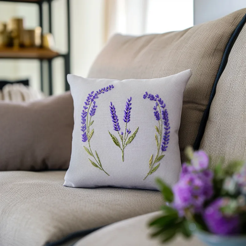 sofa with an embroidery cushion and a bouquet of flowers next to it sofa with an embroidery cushion and a bouquet of flowers next to it