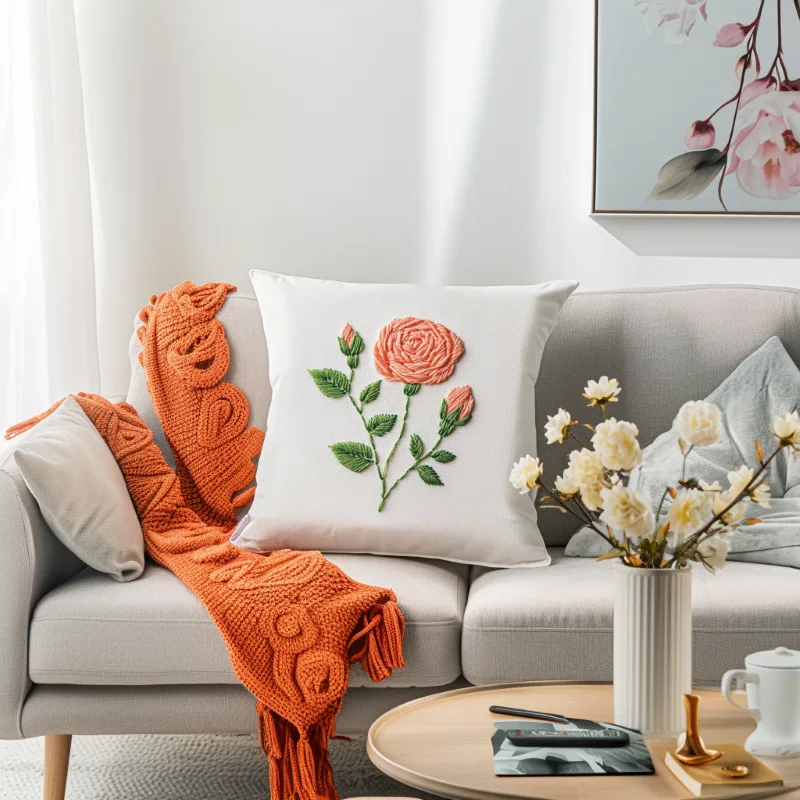 sofa with cushions and a small coffee table holding a bouquet of flowers Coral Bloom Rose Hand Embroidery Pattern - Image 3