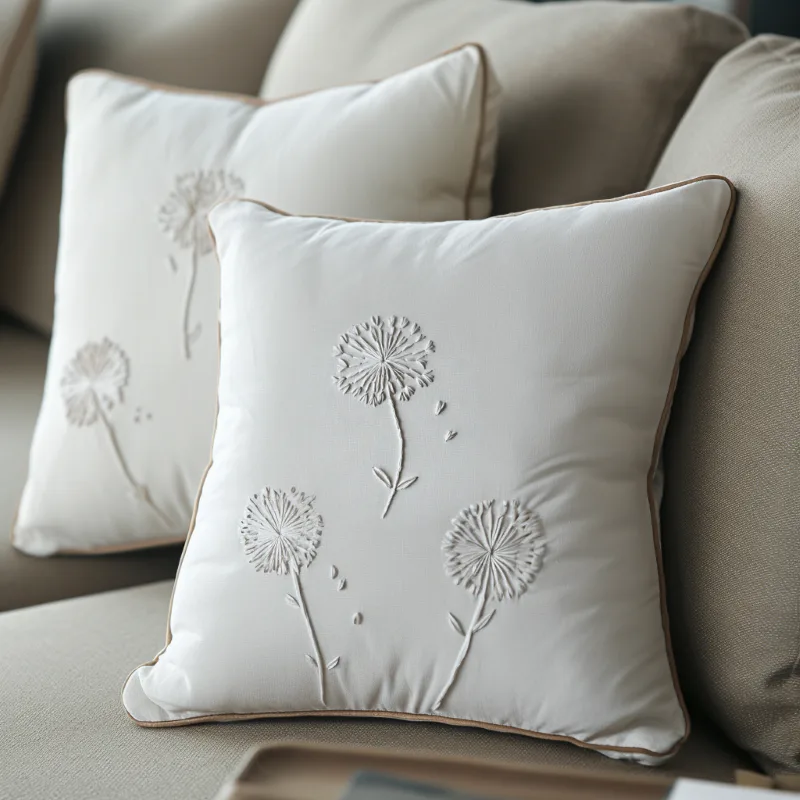 sofa with multiple cushions, some embroidered with delicate dandelion patterns sofa with multiple cushions, some embroidered with delicate dandelion patterns