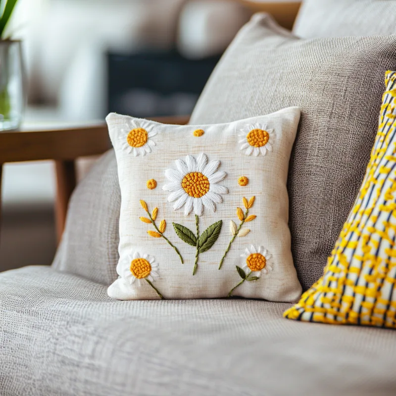 sofa with several pillows creating a warm and cozy home atmosphere Spring Daisy's Gentle Whisper Digital Embroidery Design - Image 4