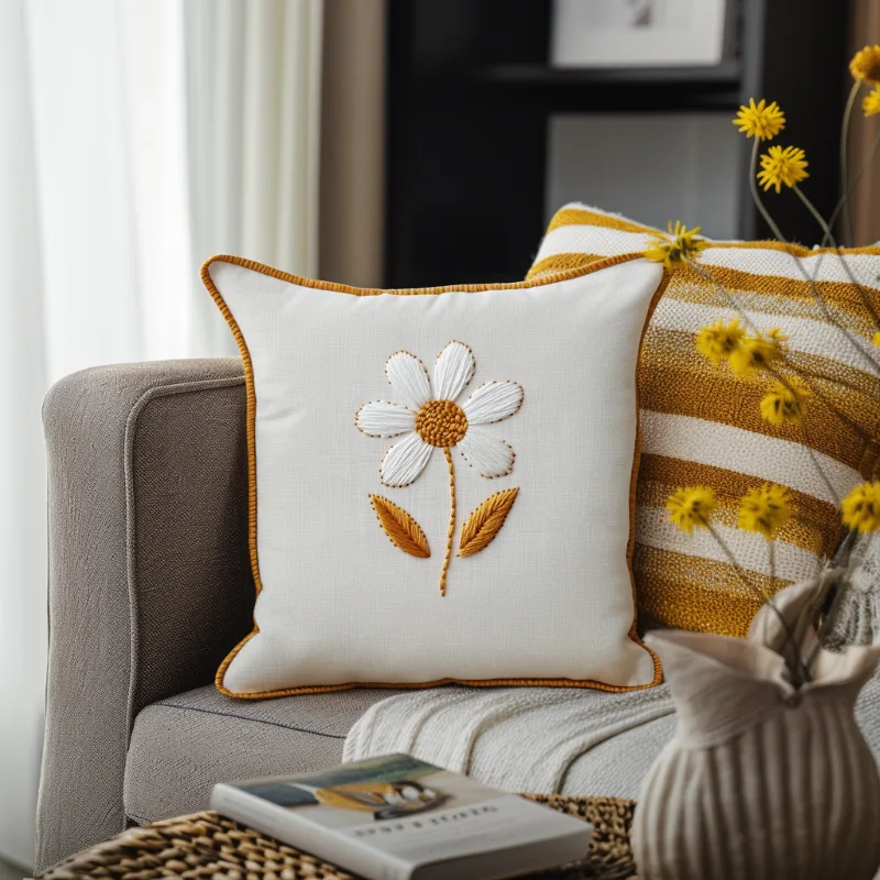 sofa with two cushions, one embroidered with a daisy and the other in golden and white stripes sofa with two cushions, one embroidered with a daisy and the other in golden and white stripes