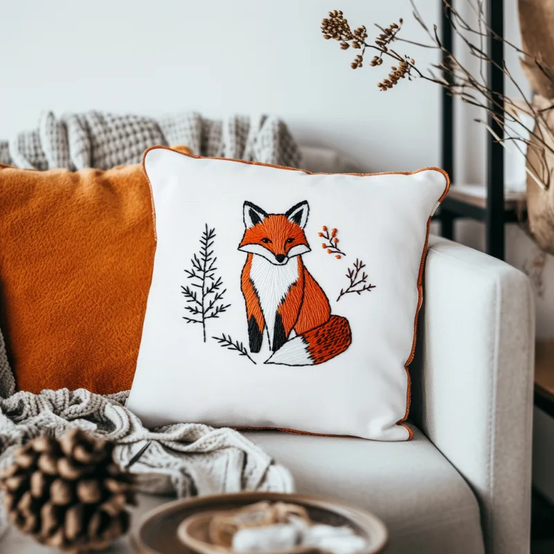 sofa with two cushions, one orange and one embroidered with a fox design Quiet Fox Hand Embroidery Pattern PDF Instant Download - Image 4