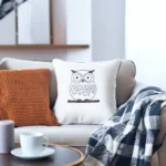 sofa with two pillows and a plaid blanket