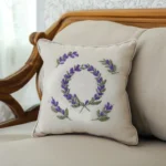 soft chair with a lavender embroidered cushion in a relaxing setting